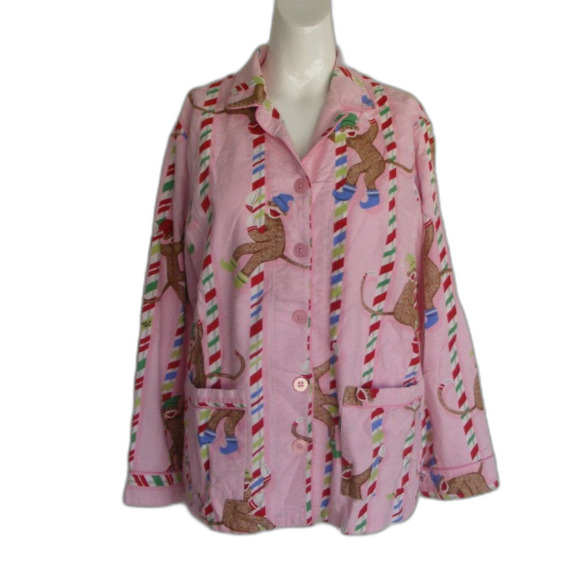 NICK & NORA Pajama Top, M, Pink, Sock Monkeys Climbing Peppermint striped poles - Picture 9 of 10